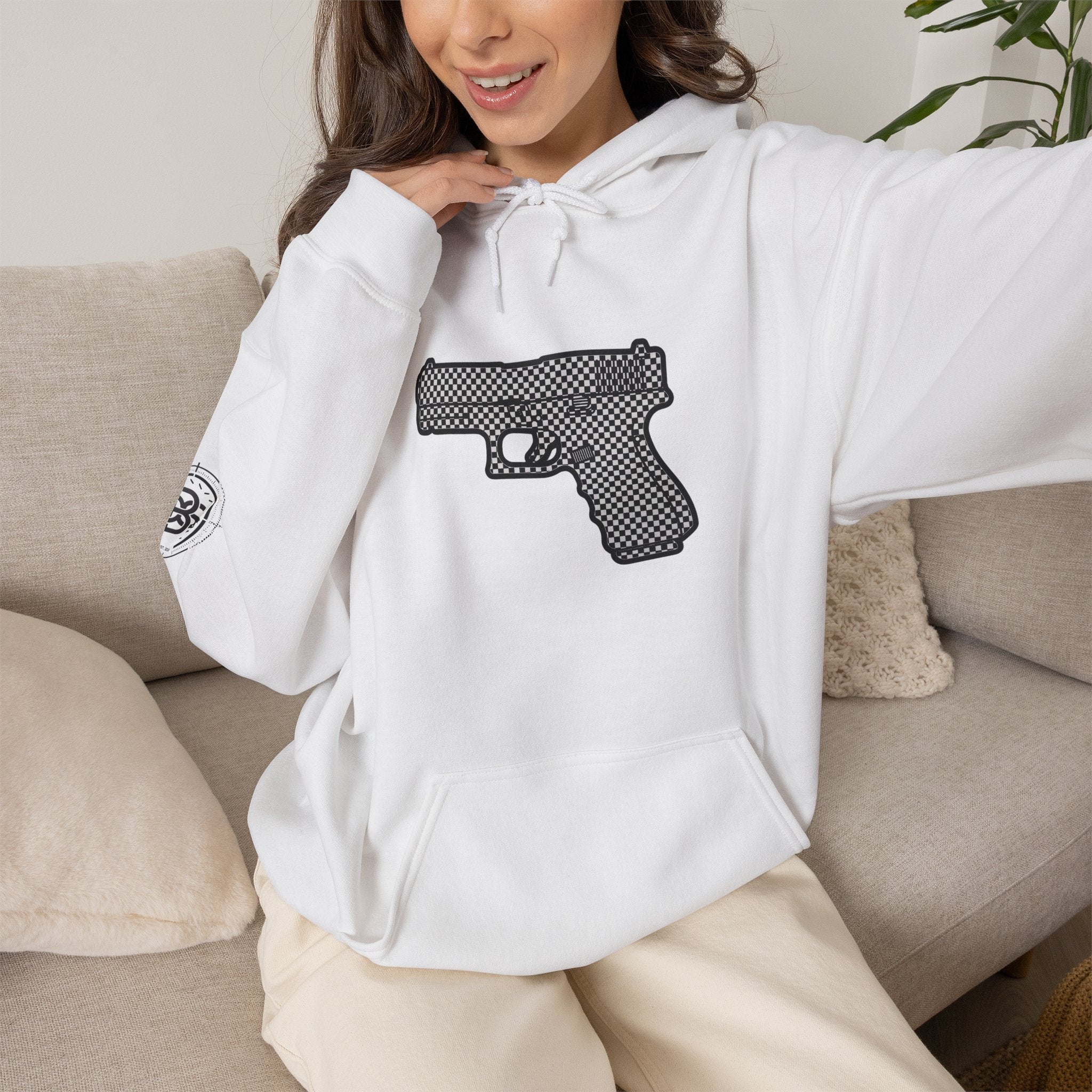 Checker Pistol Silhouette Hoodie - Graphic Pistol Pullover