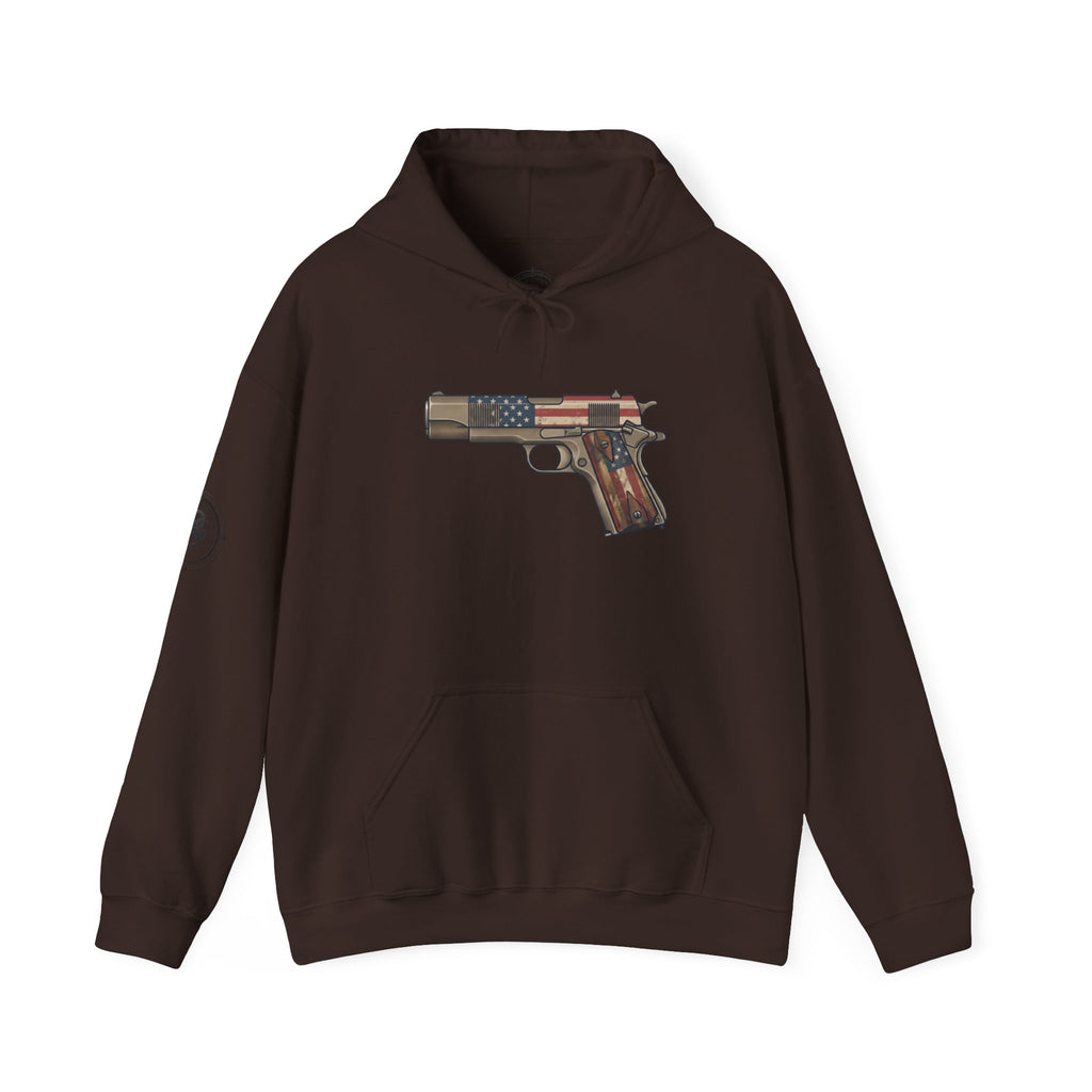 United States Flag Pistol Graphic Hoodie — Patriotic Firearm Graphic Sweatshirt