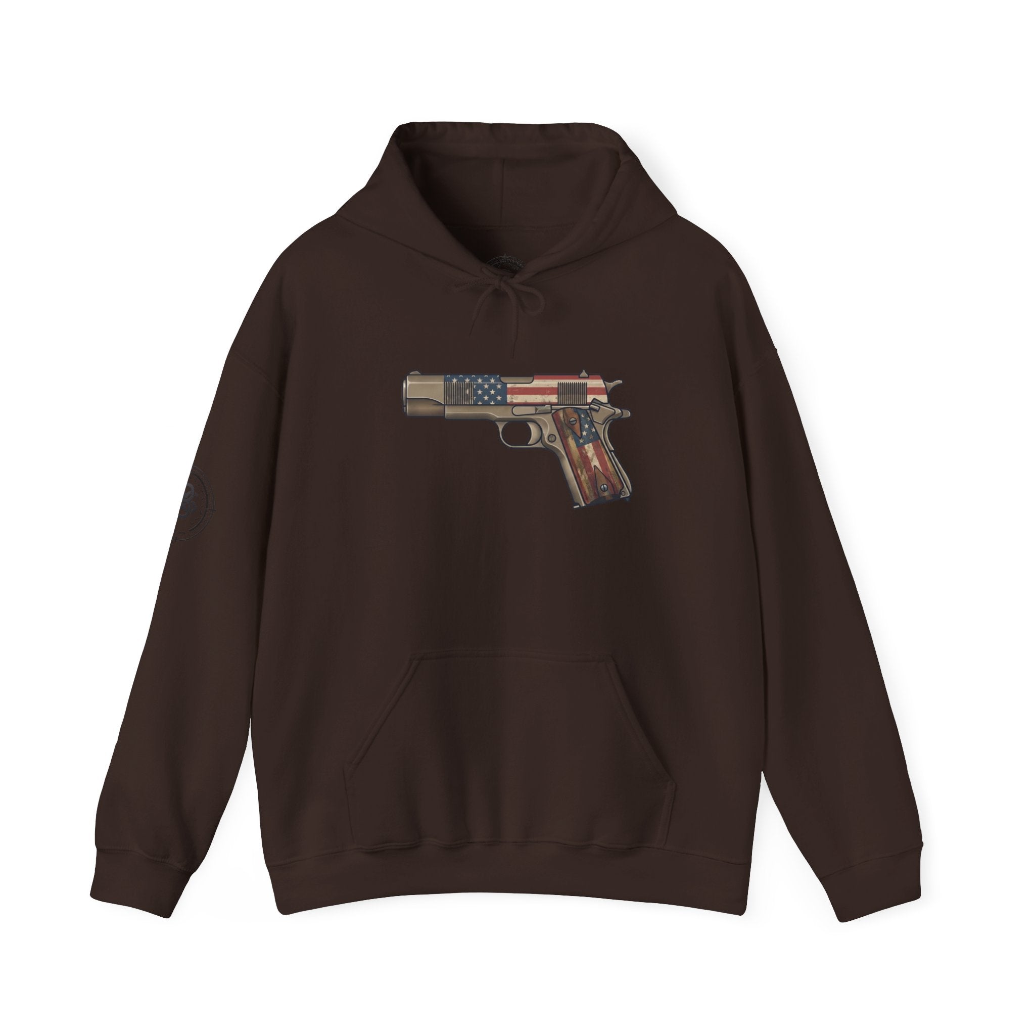United States Flag Pistol Graphic Hoodie — Patriotic Firearm Graphic Sweatshirt