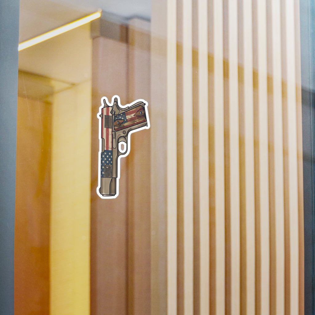 Patriotic Pistol Vinyl Sticker — American Flag Gun Kiss-Cut Decal