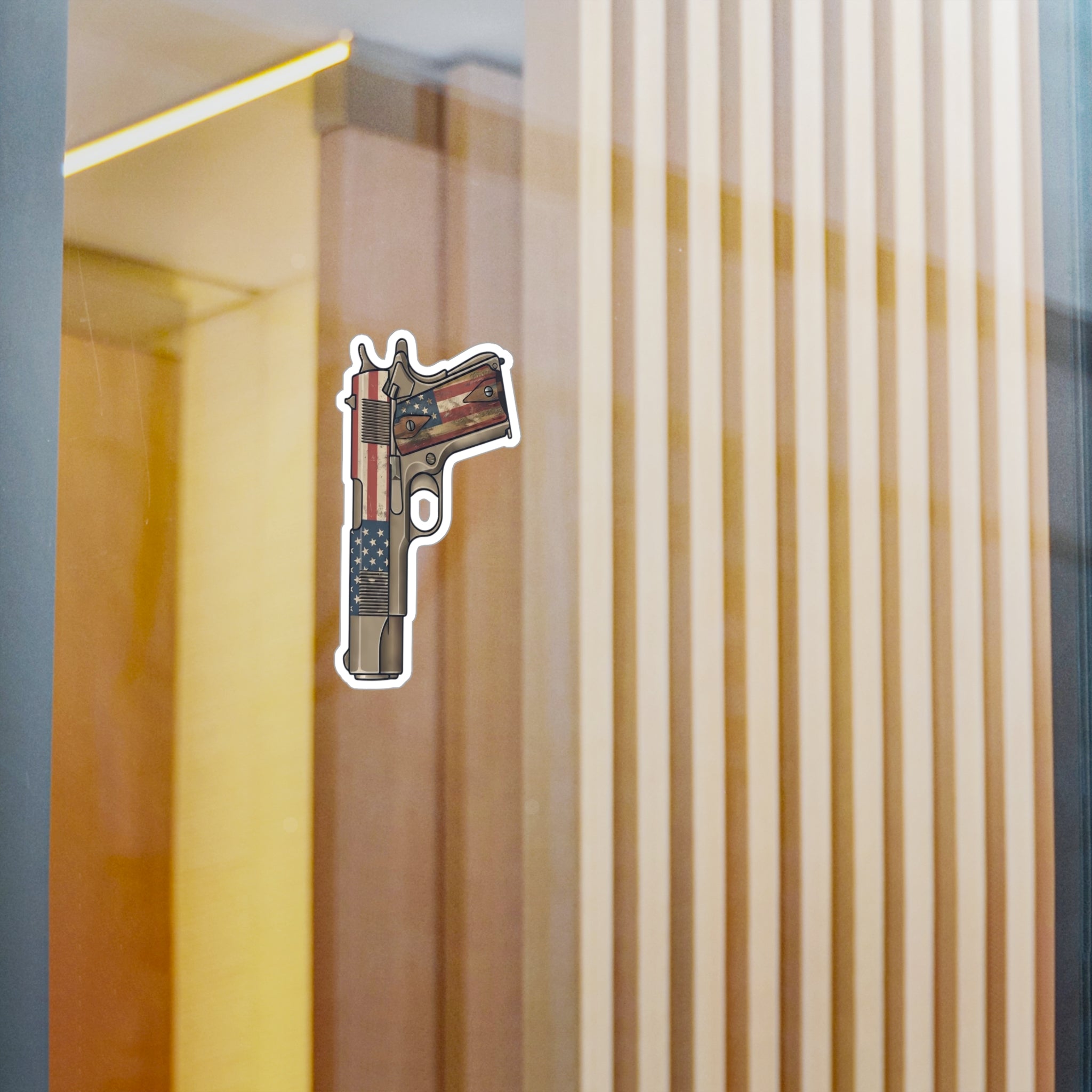 Patriotic Pistol Vinyl Sticker — American Flag Gun Kiss-Cut Decal