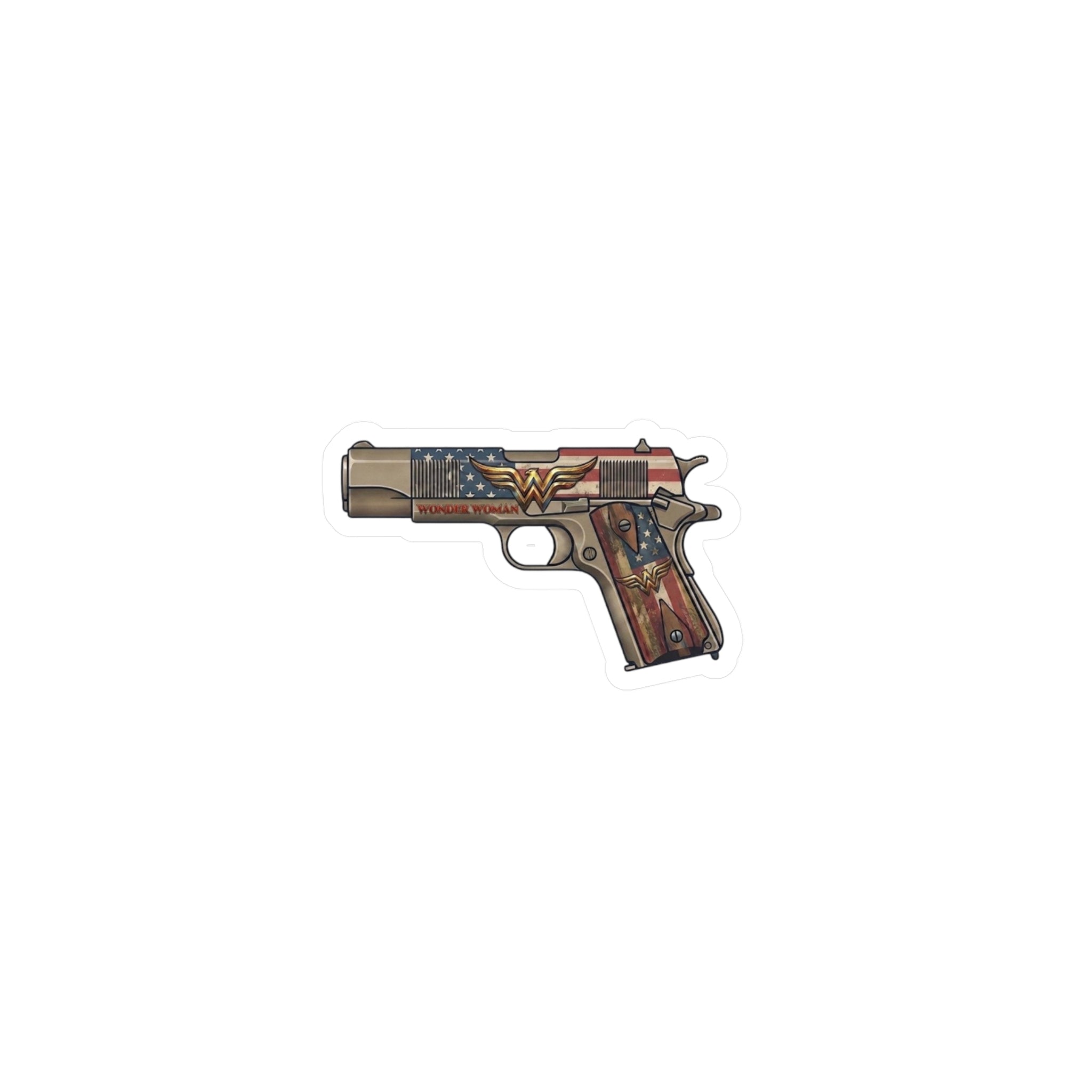Wonder Woman Pistol Vinyl Sticker — American Flag & Vintage Firearm Kiss-Cut Decal