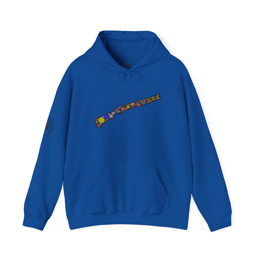 Shotgun Dot Silhouette Hoodie — Colorful Retro Hunting Sweatshirt