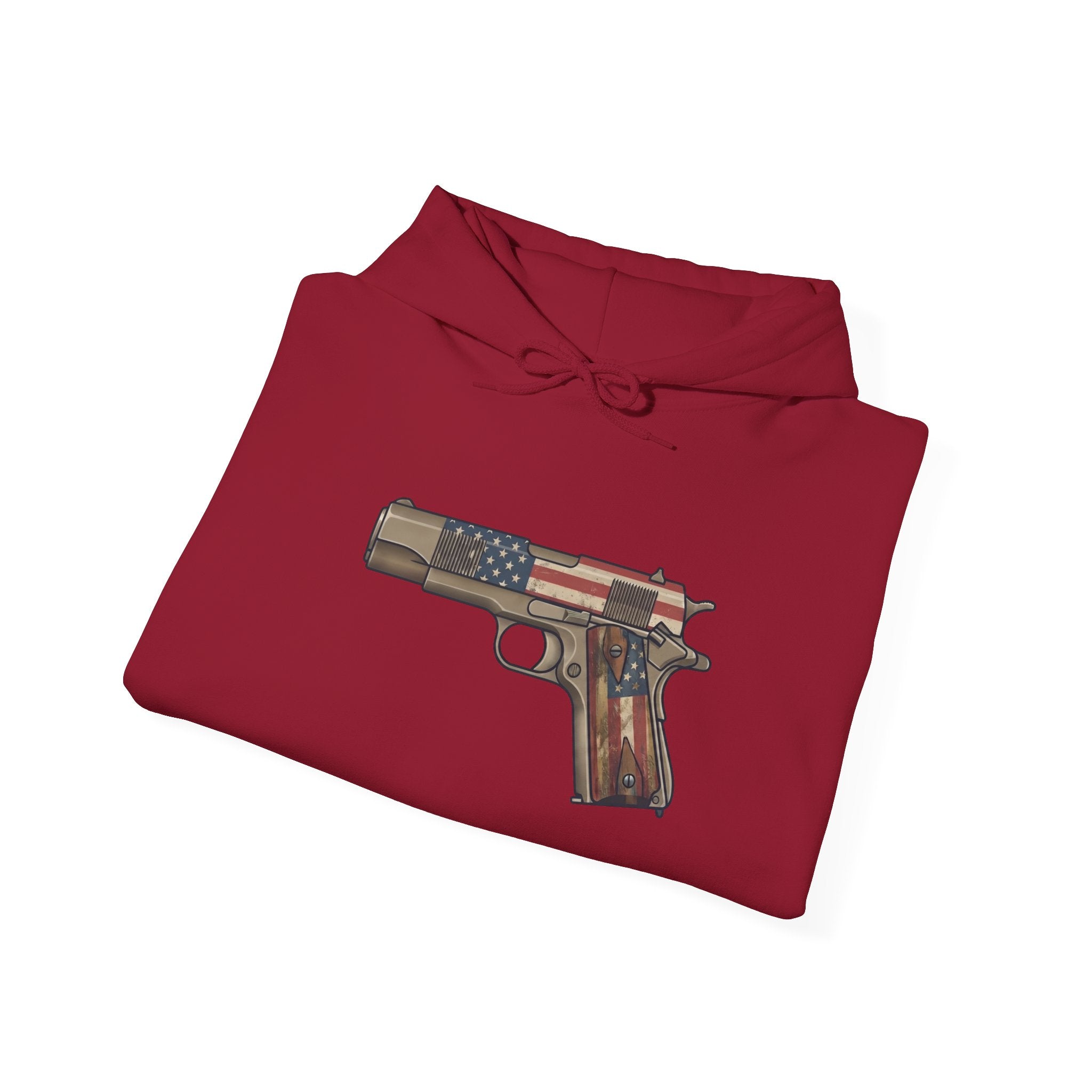 United States Flag Pistol Graphic Hoodie — Patriotic Firearm Graphic Sweatshirt