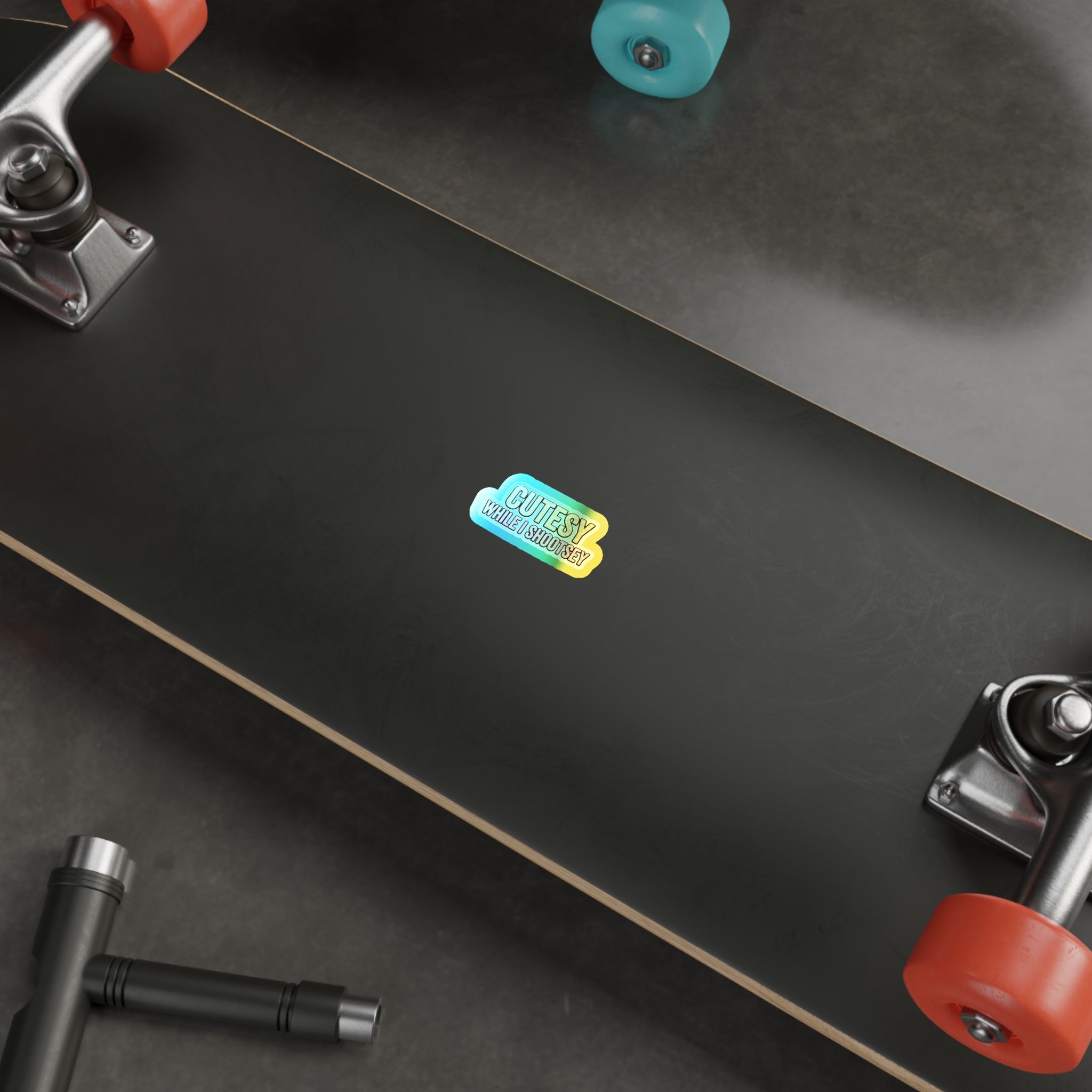 Holographic "Cutesy While I Shootsey" Die-Cut Sticker