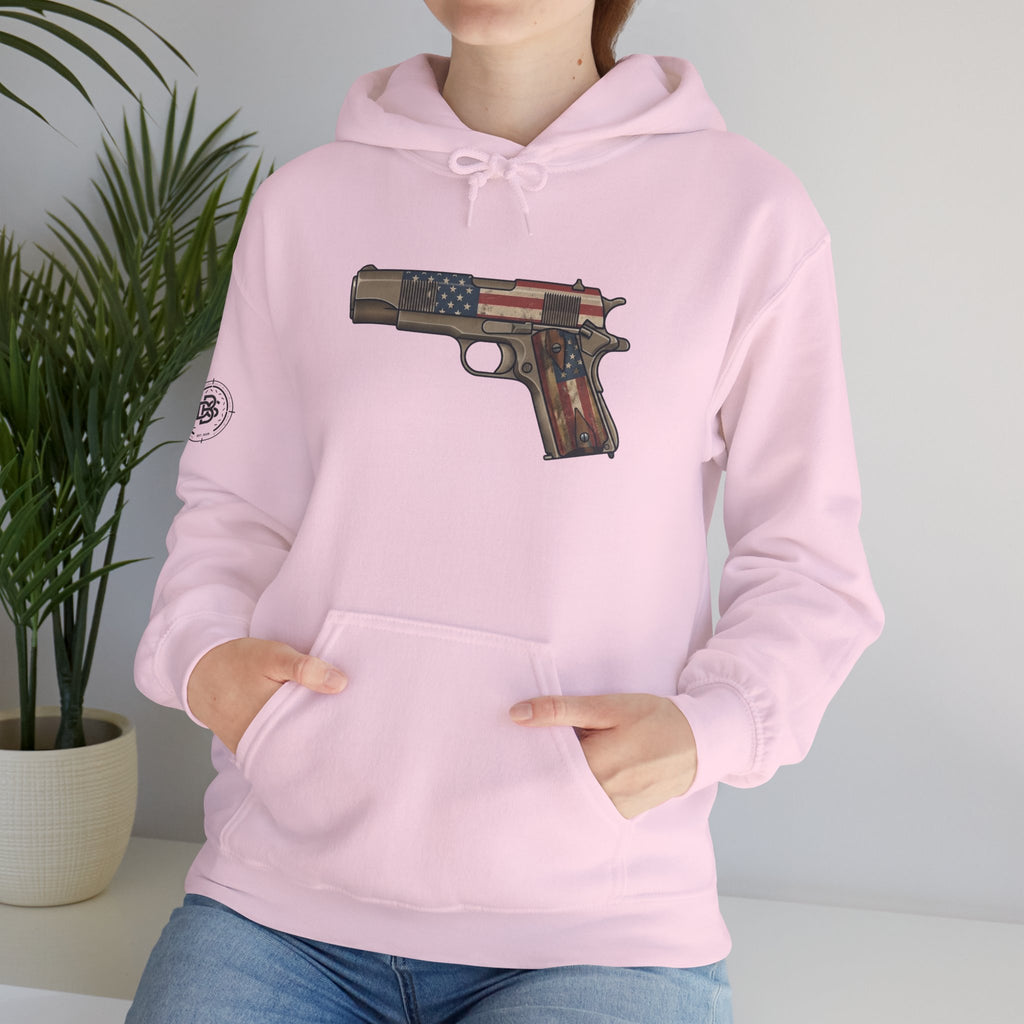 United States Flag Pistol Graphic Hoodie — Patriotic Firearm Graphic Sweatshirt