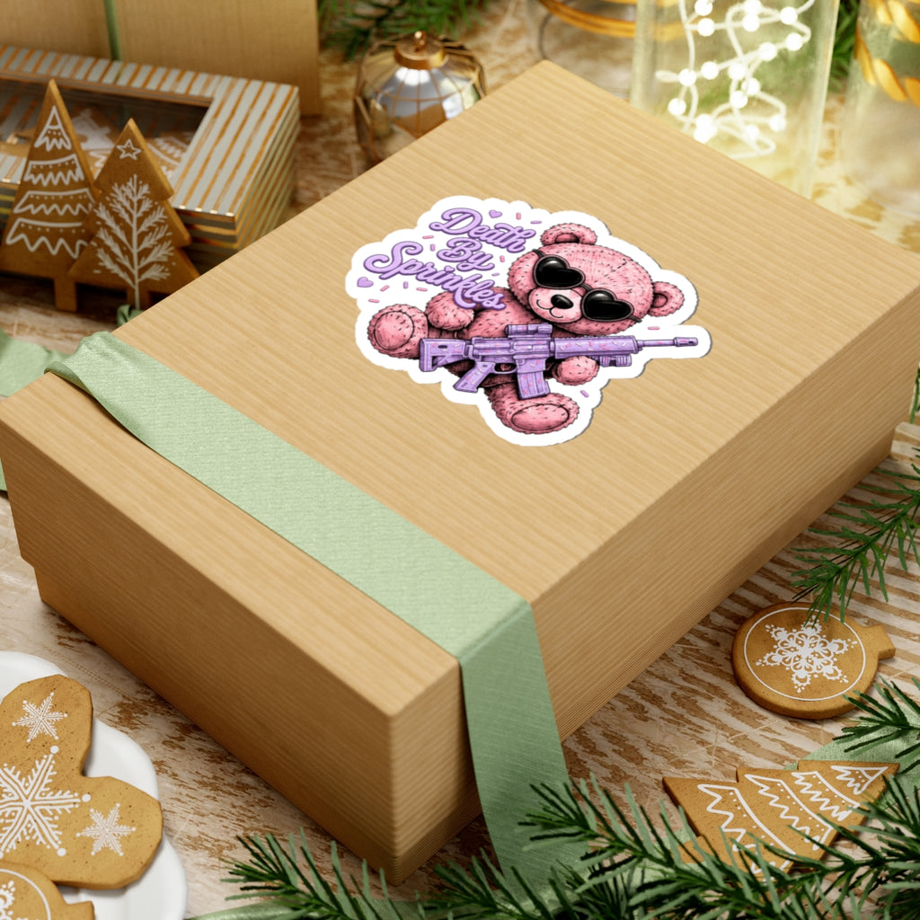 Death By Sprinkles Teddy Sticker — Cute Pink Bear with Sunglasses & Lavender Rifle