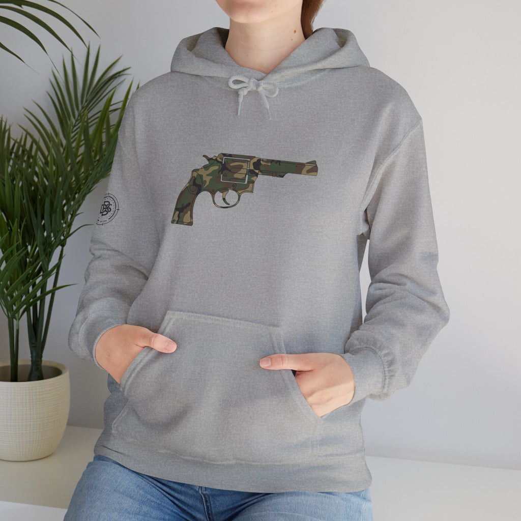 Revolver Graphic Hoodie - Vintage Camouflage Pistol Illustration