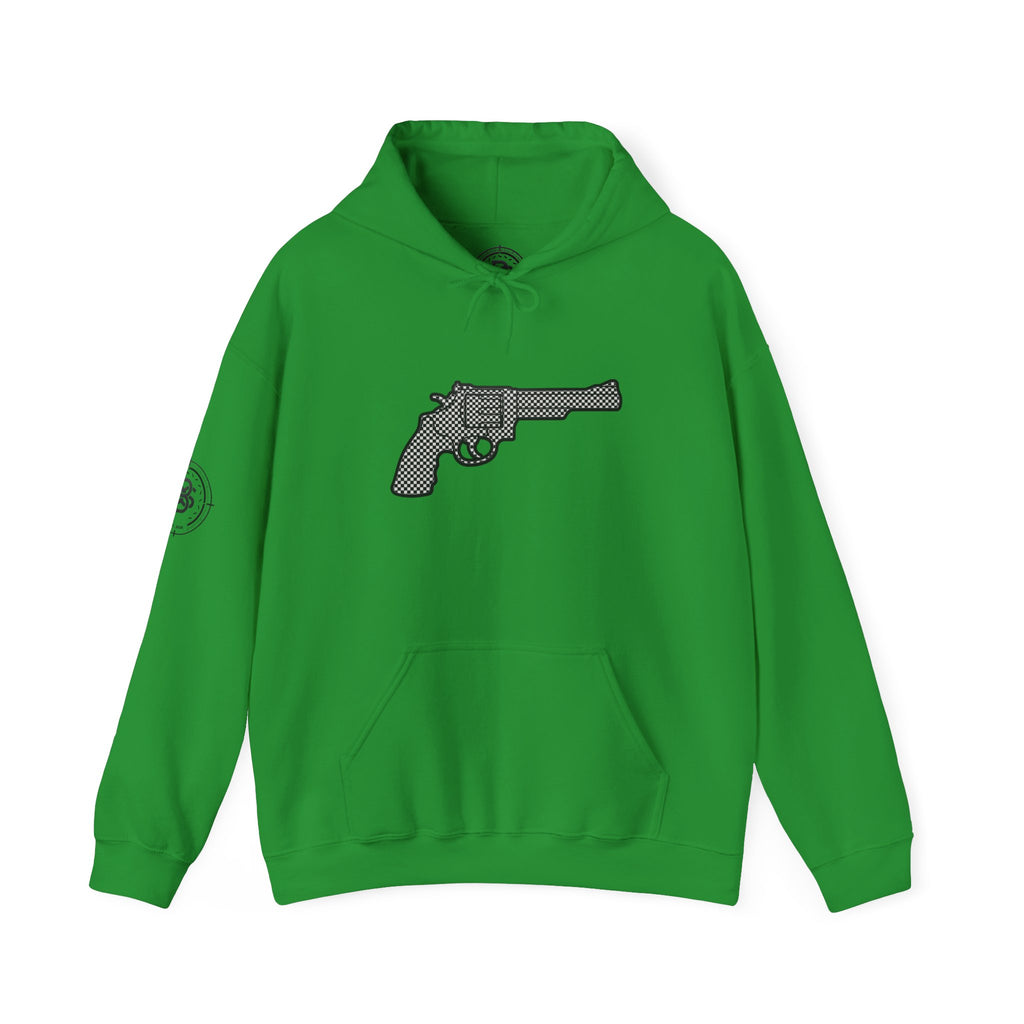 Checkered Revolver Hoodie — Retro Gun Graphic Pullover