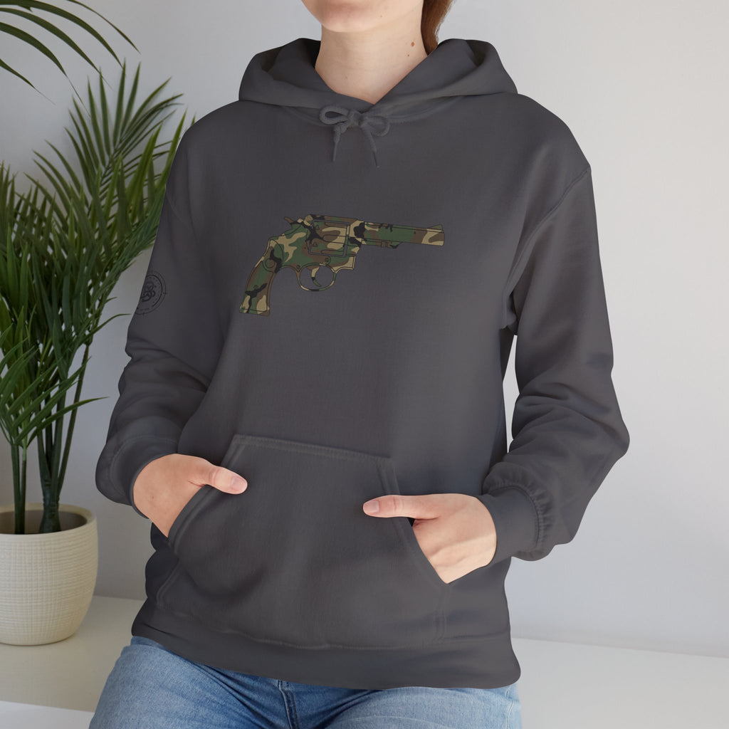 Revolver Graphic Hoodie - Vintage Camouflage Pistol Illustration