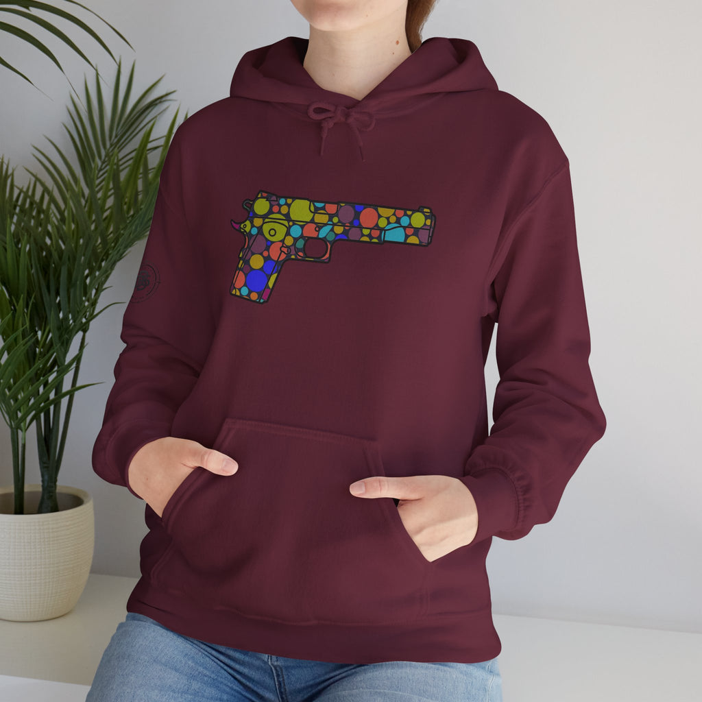 Dots Pistol Silhouette Hoodie — Colorful Mosaic Pistol Graphic Sweatshirt