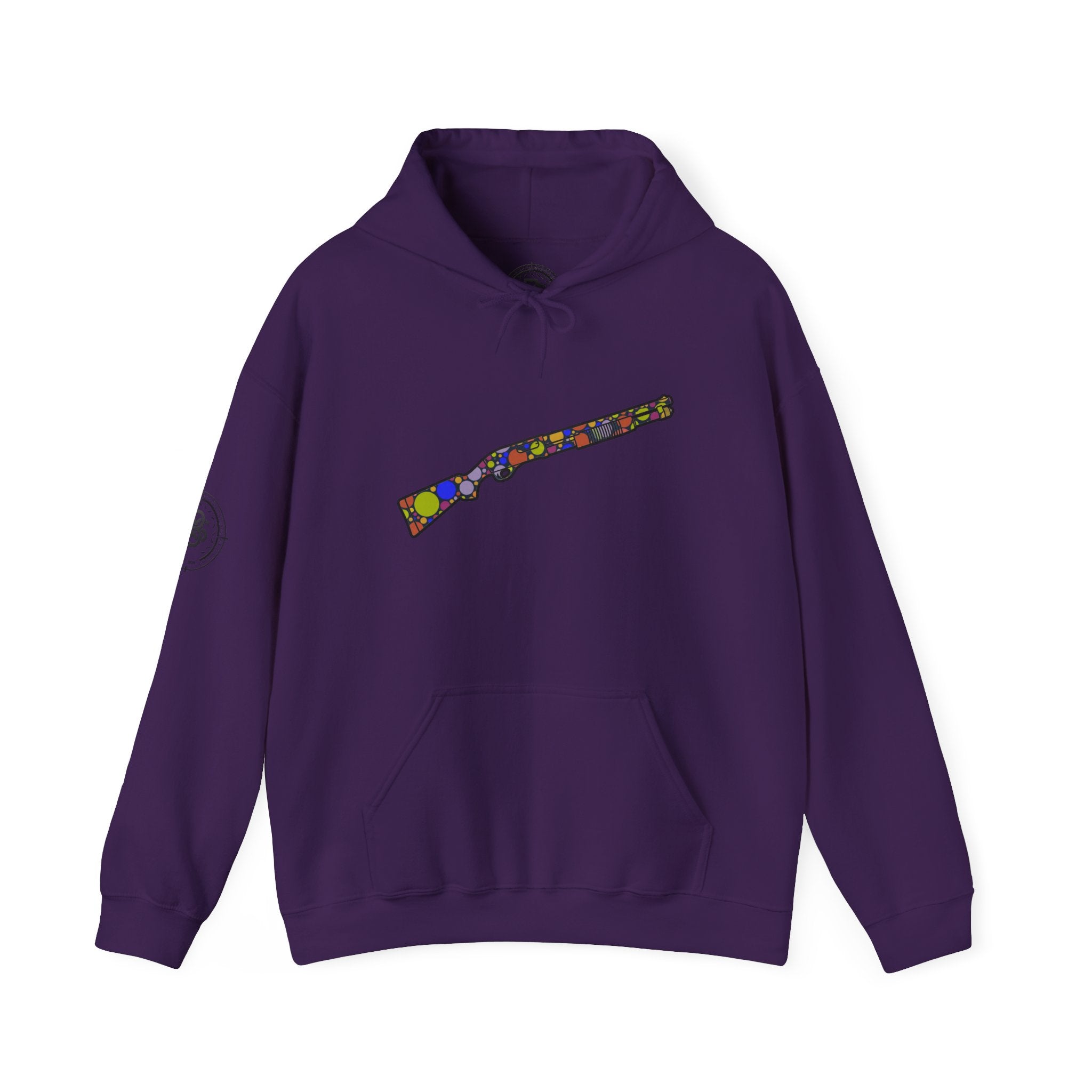 Shotgun Dot Silhouette Hoodie — Colorful Retro Hunting Sweatshirt