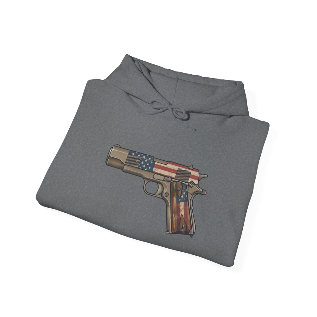 United States Flag Pistol Graphic Hoodie — Patriotic Firearm Graphic Sweatshirt