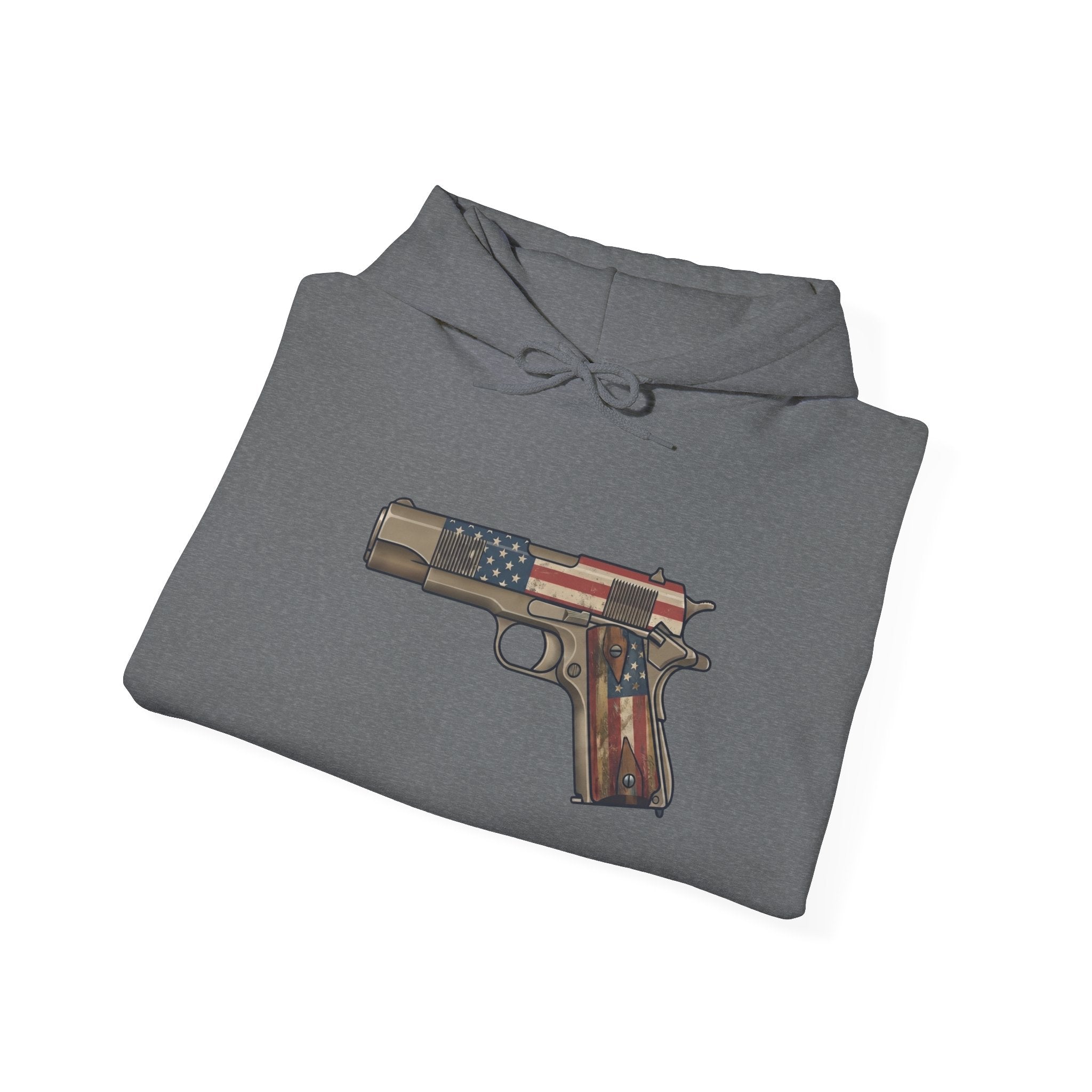 United States Flag Pistol Graphic Hoodie — Patriotic Firearm Graphic Sweatshirt