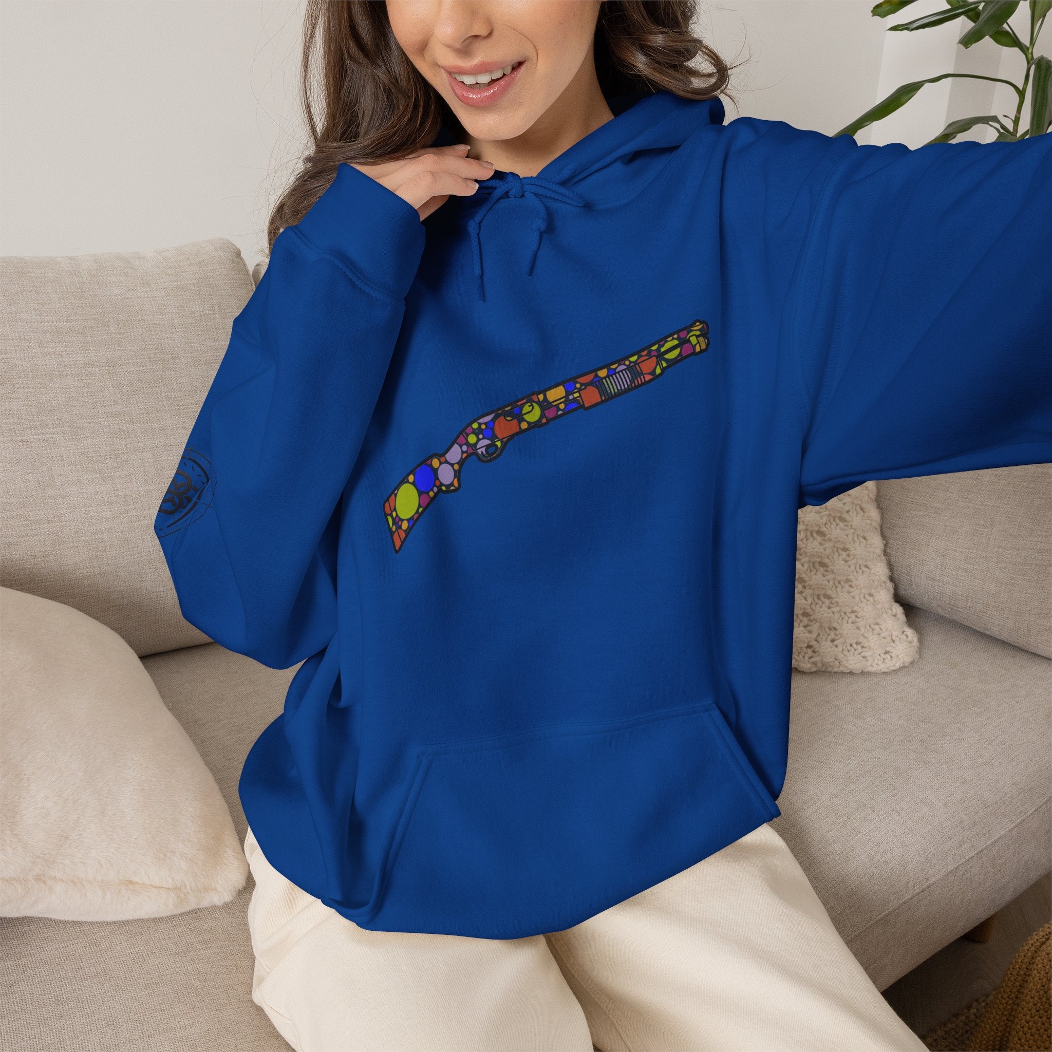 Shotgun Dot Silhouette Hoodie — Colorful Retro Hunting Sweatshirt
