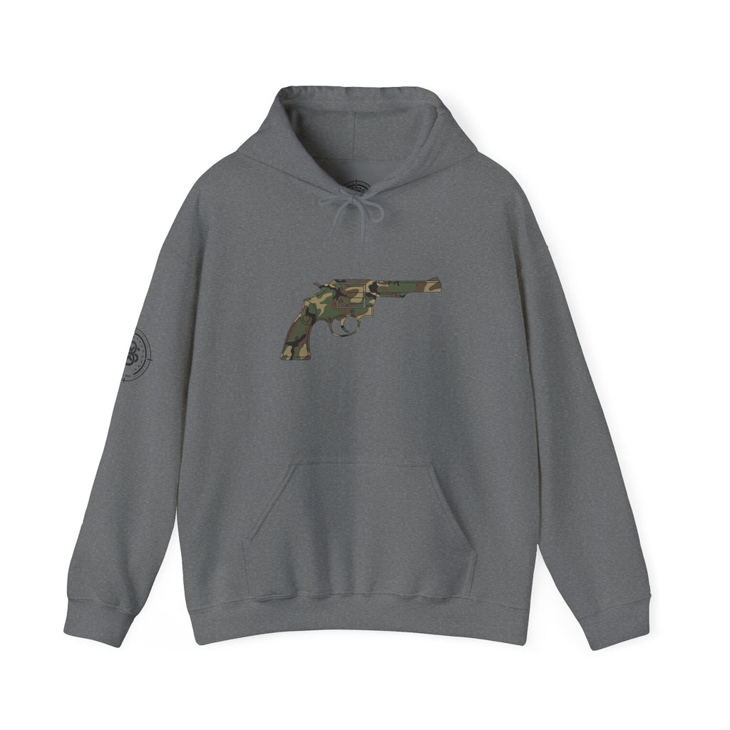 Revolver Graphic Hoodie - Vintage Camouflage Pistol Illustration