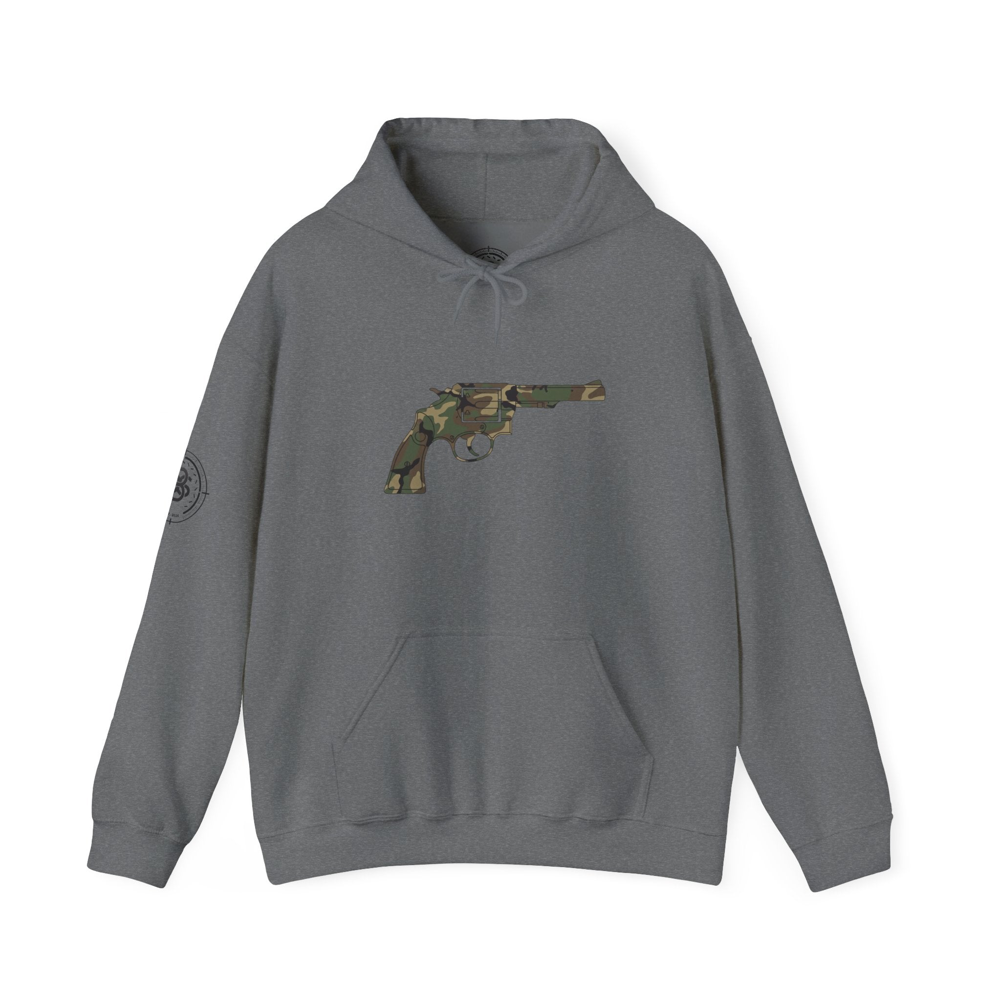 Revolver Graphic Hoodie - Vintage Camouflage Pistol Illustration