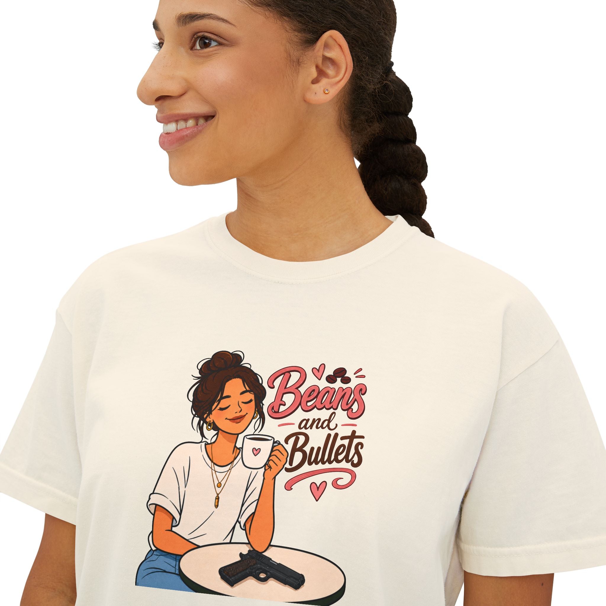 Beans and Bullets Women's Boxy Tee – Coffee Lover Graphic Crop Tee