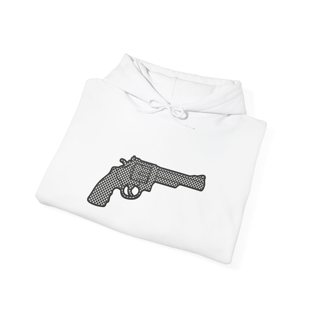 Checkered Revolver Hoodie — Retro Gun Graphic Pullover