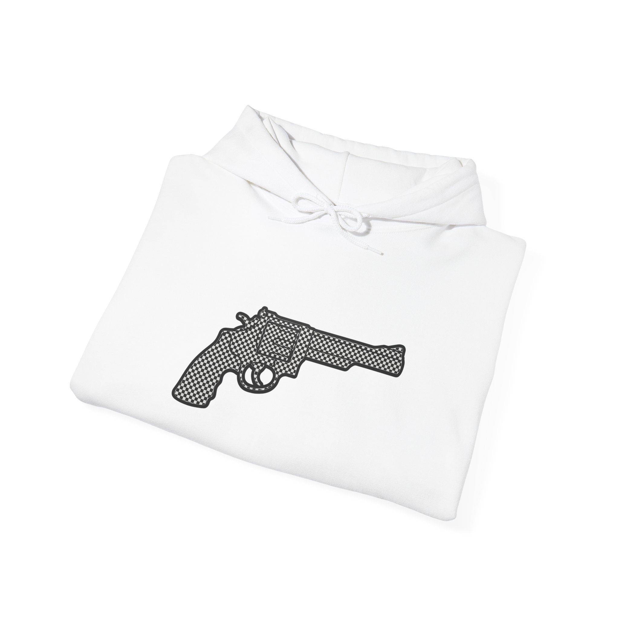Checkered Revolver Hoodie — Retro Gun Graphic Pullover