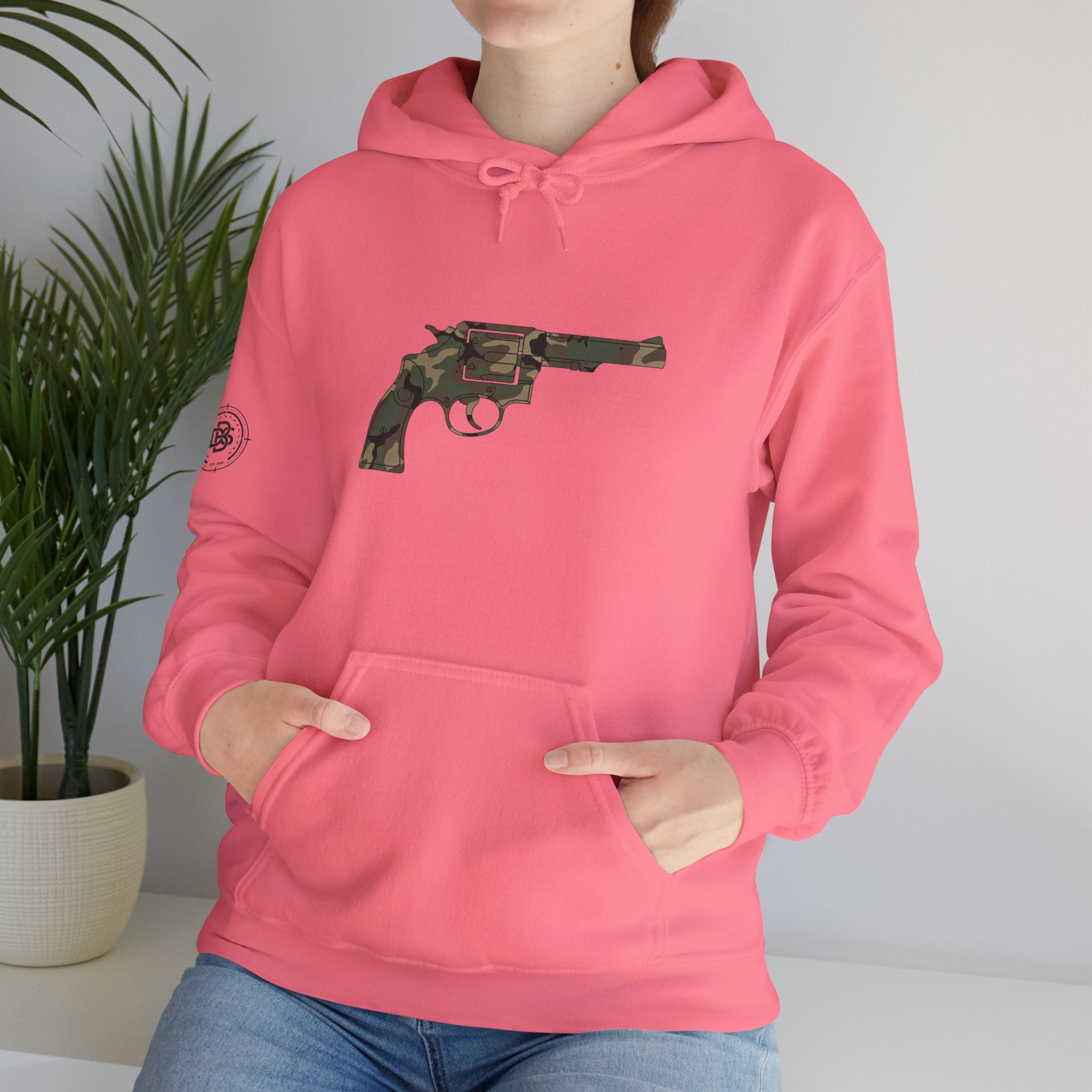 Revolver Graphic Hoodie - Vintage Camouflage Pistol Illustration