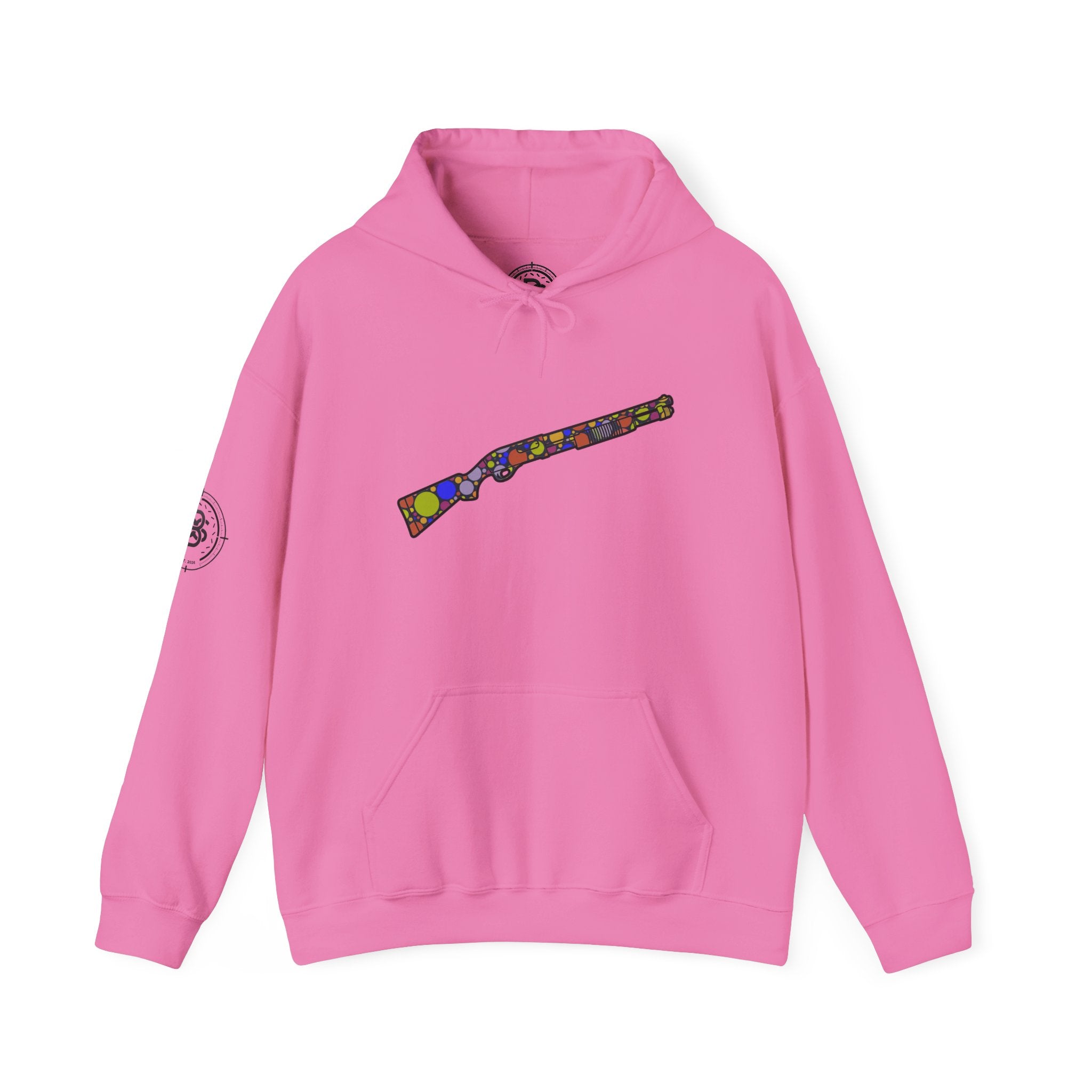 Shotgun Dot Silhouette Hoodie — Colorful Retro Hunting Sweatshirt