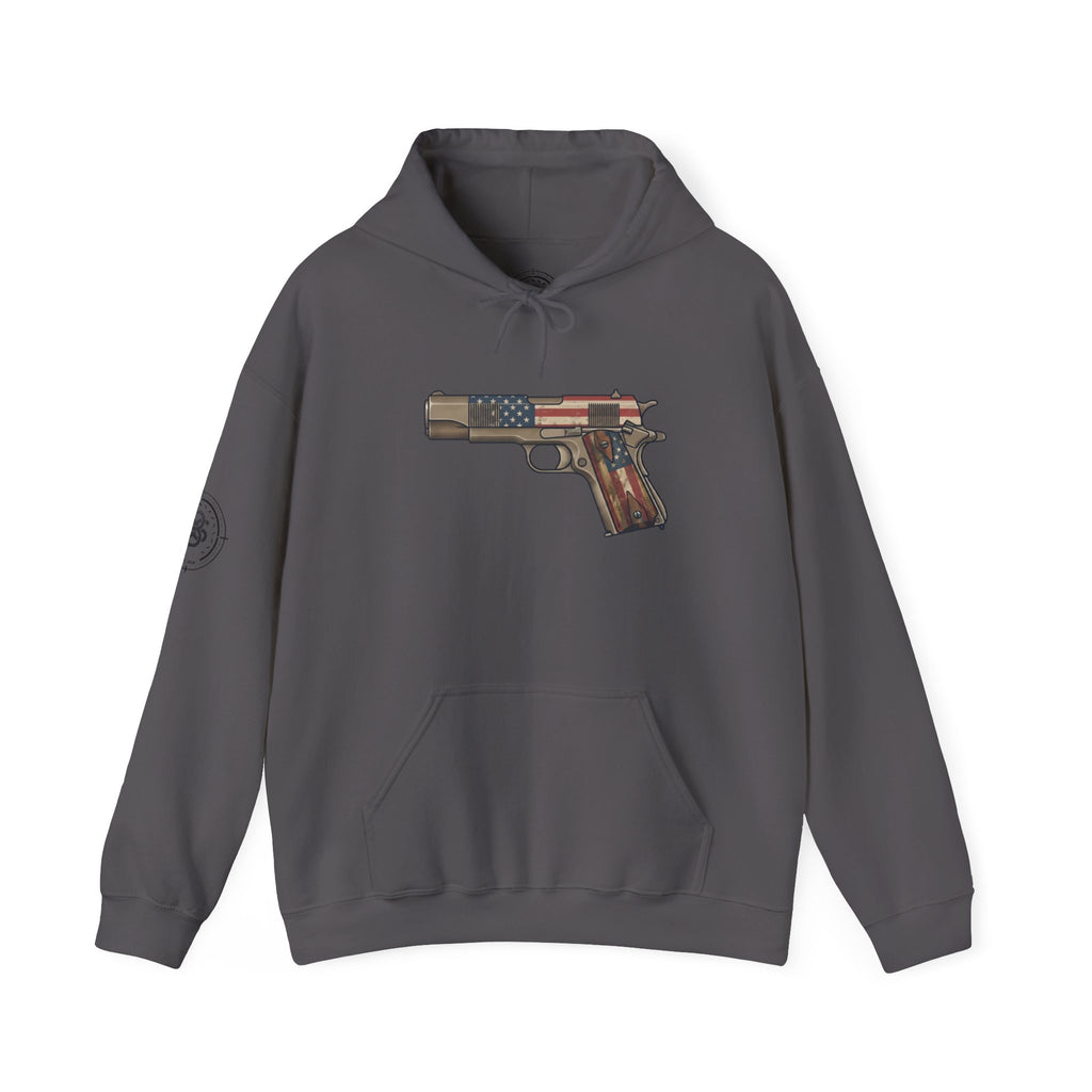 United States Flag Pistol Graphic Hoodie — Patriotic Firearm Graphic Sweatshirt
