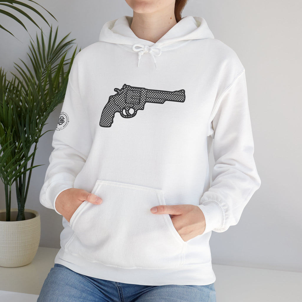 Checkered Revolver Hoodie — Retro Gun Graphic Pullover