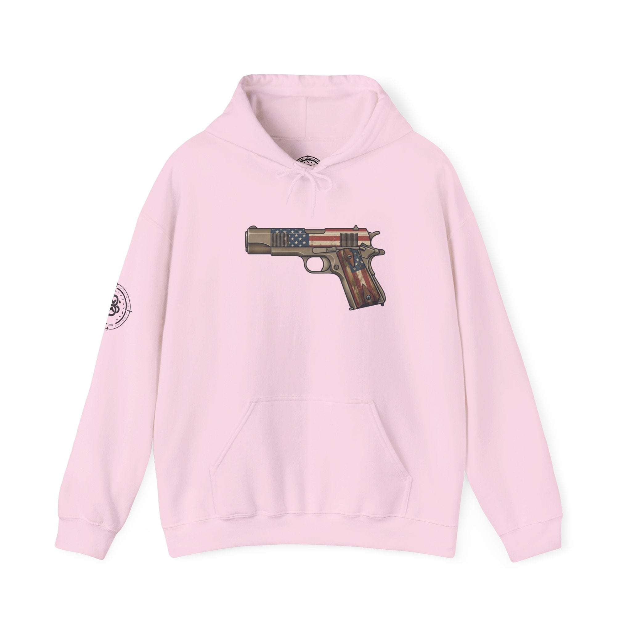 United States Flag Pistol Graphic Hoodie — Patriotic Firearm Graphic Sweatshirt