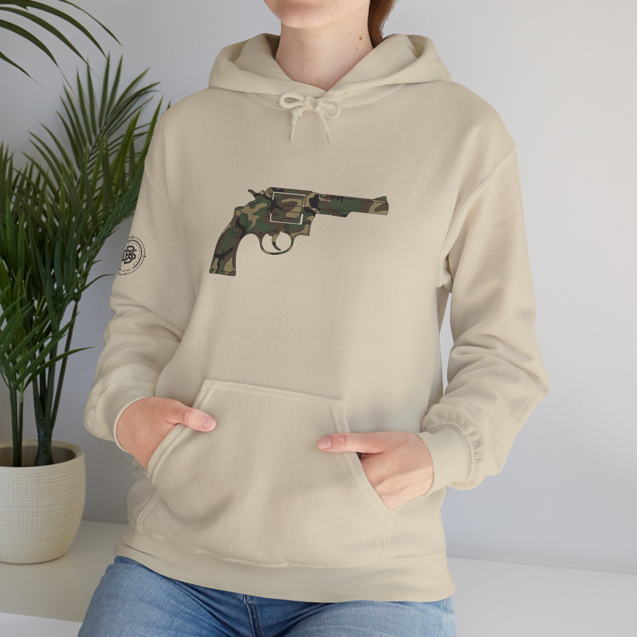 Revolver Graphic Hoodie - Vintage Camouflage Pistol Illustration