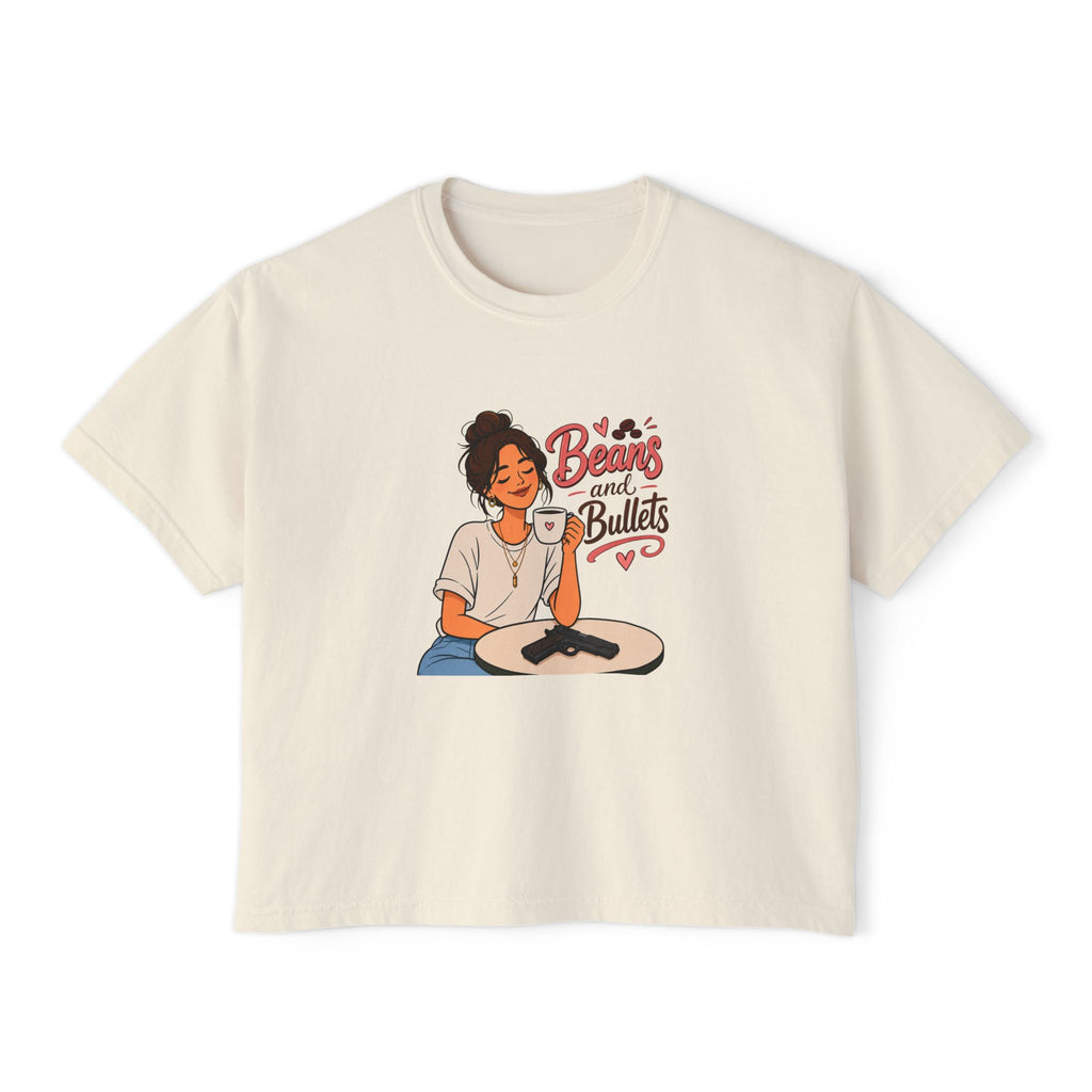 Beans and Bullets Women's Boxy Tee – Coffee Lover Graphic Crop Tee