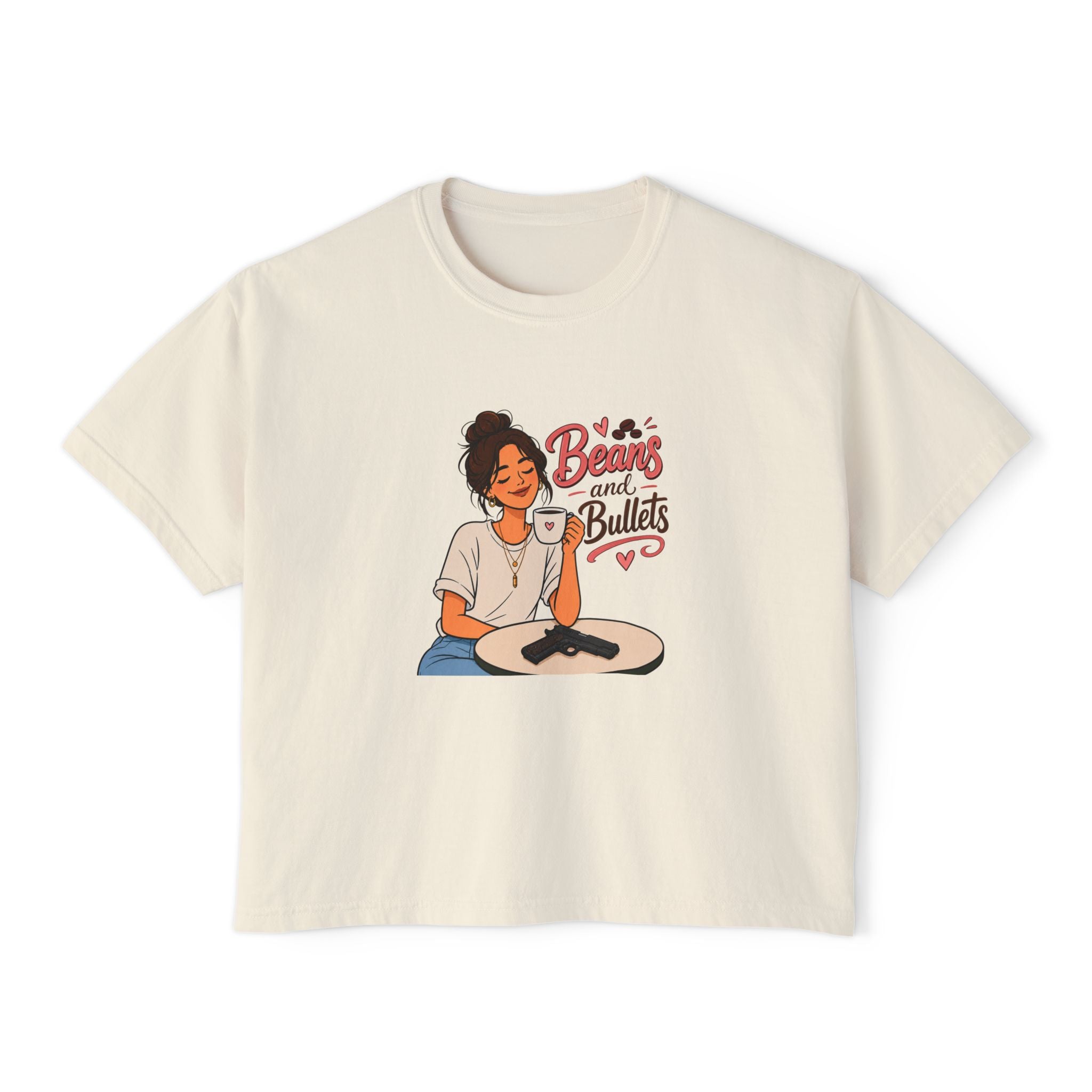 Beans and Bullets Women's Boxy Tee – Coffee Lover Graphic Crop Tee