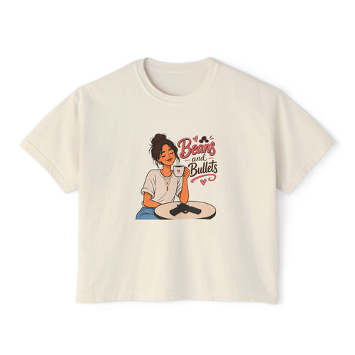 Beans and Bullets Women's Boxy Tee – Coffee Lover Graphic Crop Tee