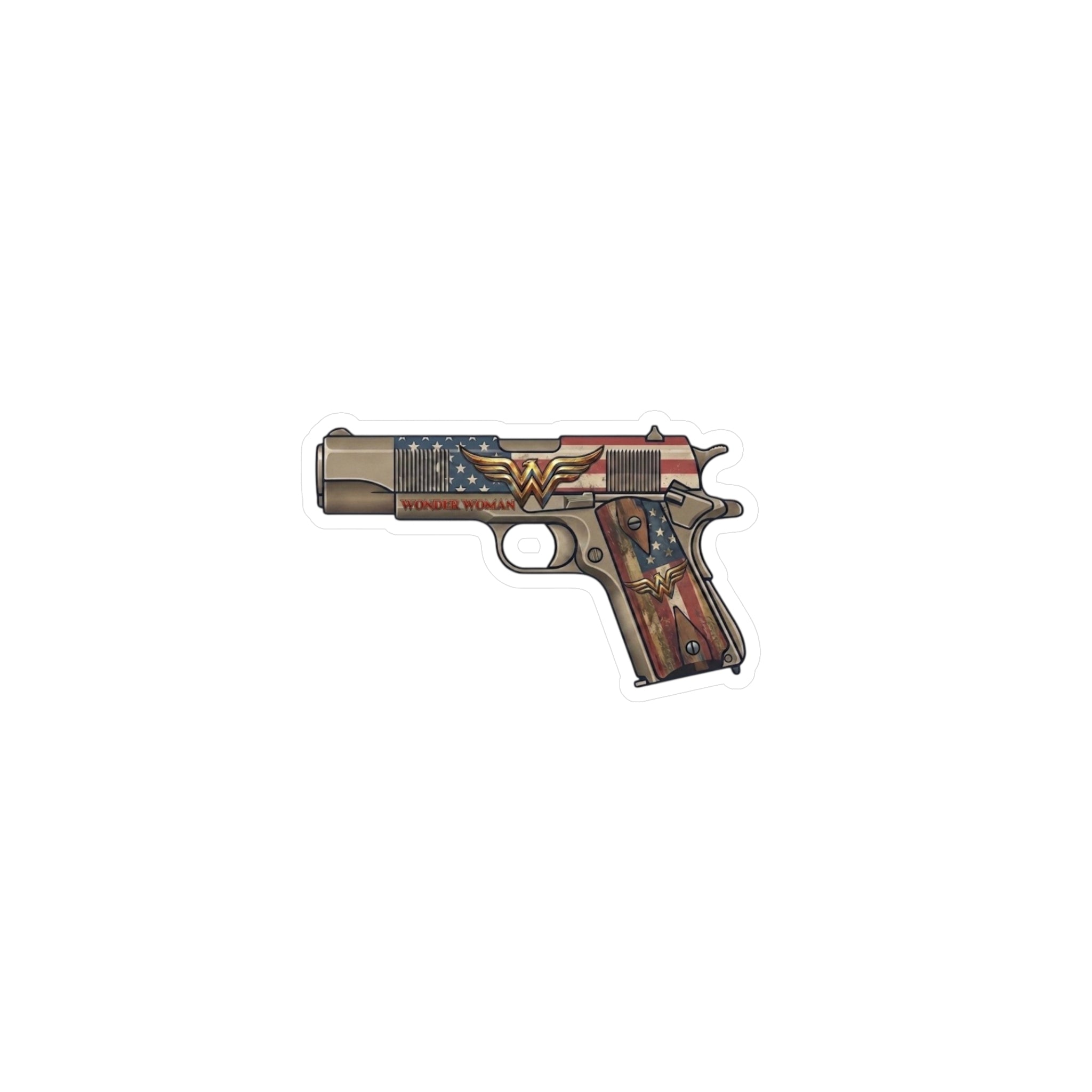 Wonder Woman Pistol Vinyl Sticker — American Flag & Vintage Firearm Kiss-Cut Decal