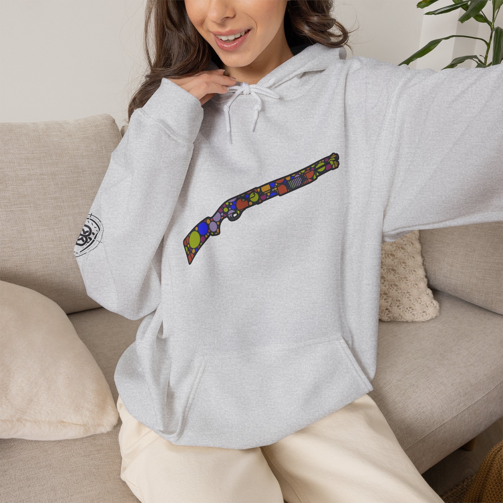 Shotgun Dot Silhouette Hoodie — Colorful Retro Hunting Sweatshirt