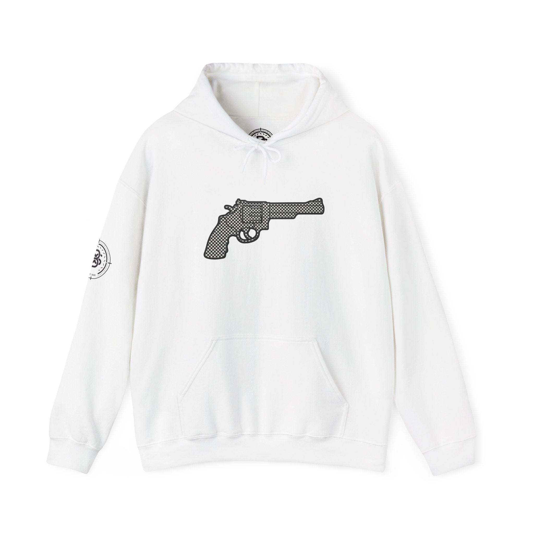 Checkered Revolver Hoodie — Retro Gun Graphic Pullover