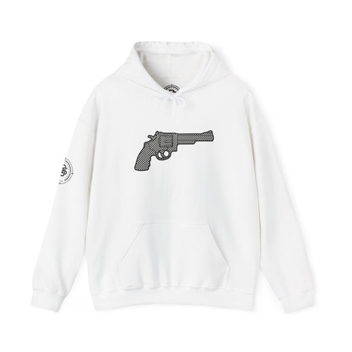 Checkered Revolver Hoodie — Retro Gun Graphic Pullover