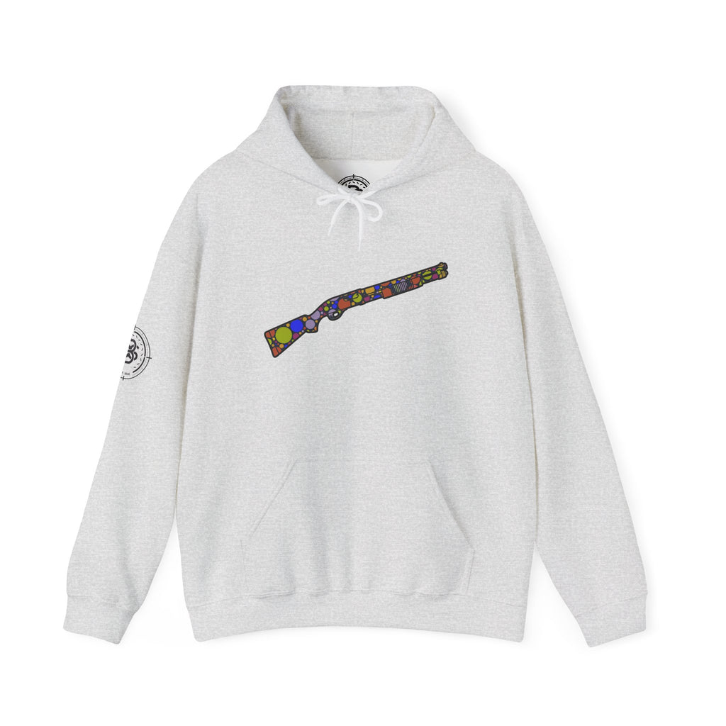 Shotgun Dot Silhouette Hoodie — Colorful Retro Hunting Sweatshirt