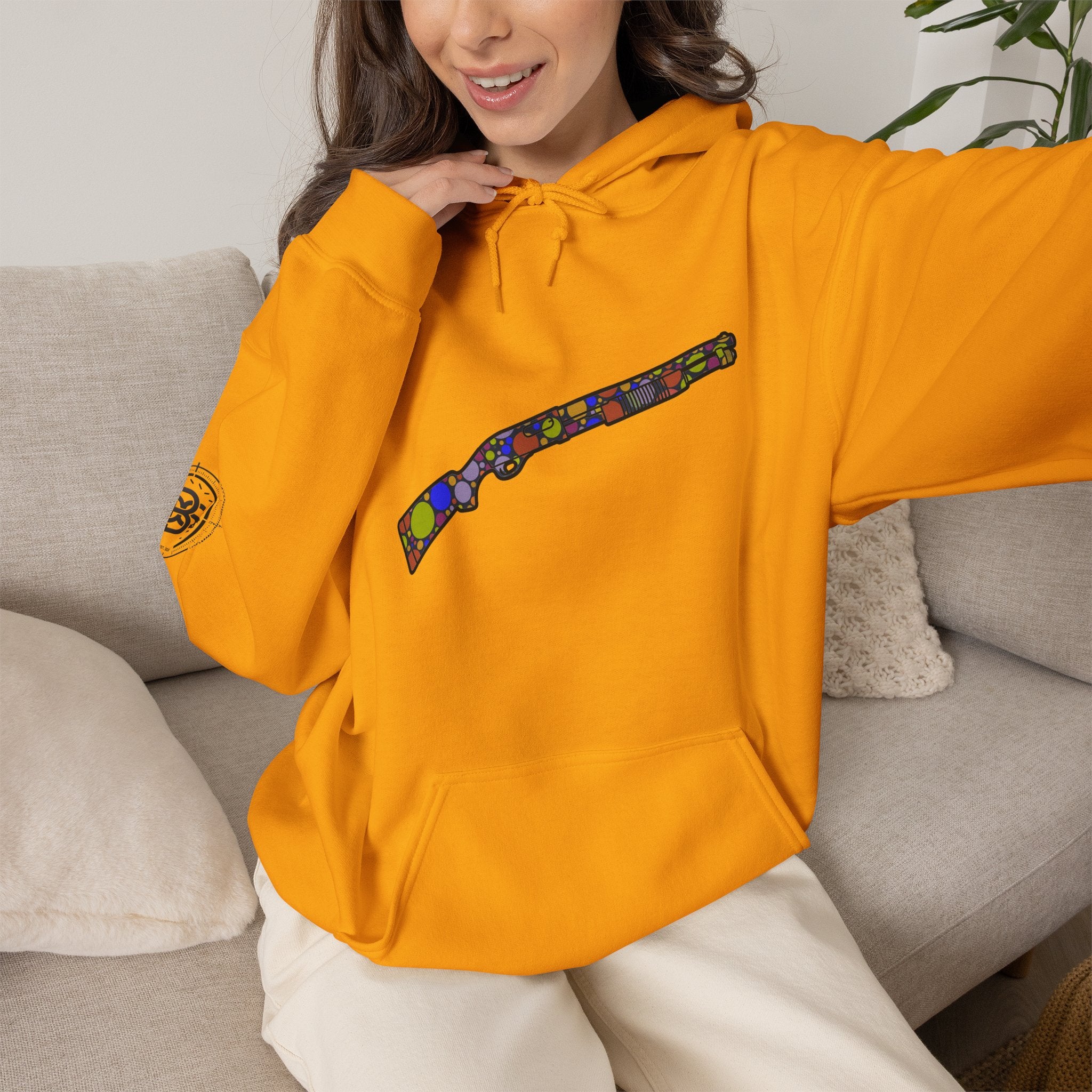 Shotgun Dot Silhouette Hoodie — Colorful Retro Hunting Sweatshirt